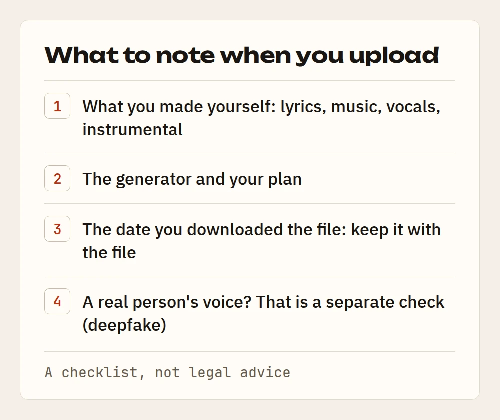 Checklist card, What to note when you upload: four points, what you made yourself, the generator and your plan, the download date, a real person's voice
