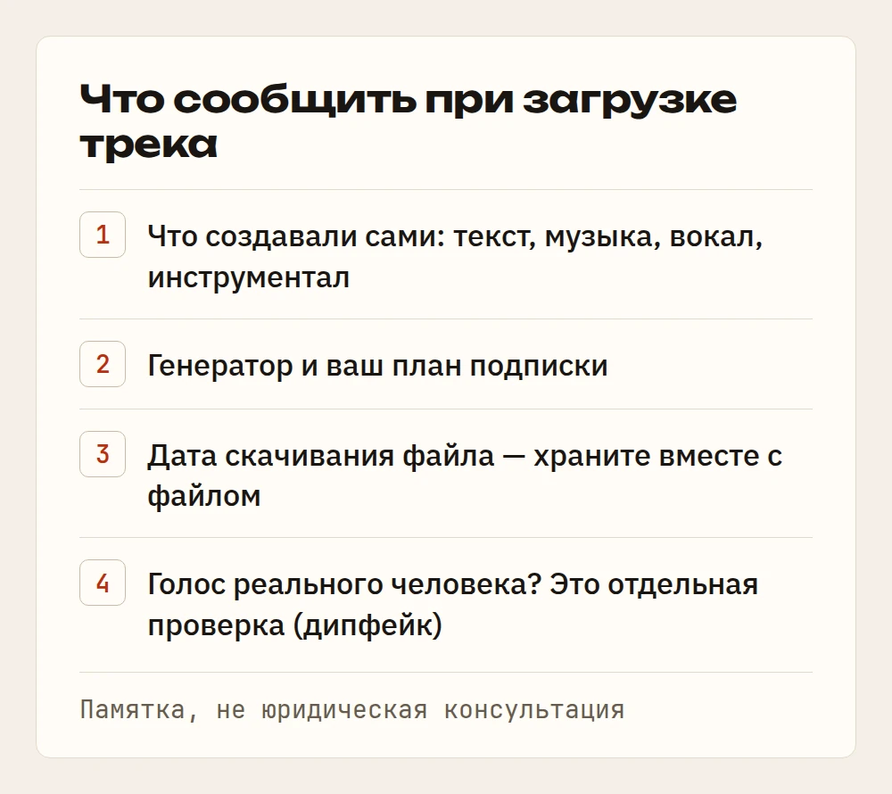 Карточка «Что сообщить при загрузке трека»: четыре пункта — что создано самим, генератор и план, дата скачивания, голос реального человека